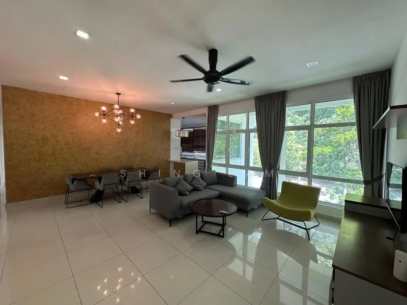 Living features: 5-blade ceiling fan with light, chandelier, grey fabric sectional sofa, 2-seater grey fabric sofa, round coffee table, dining table with 4 chairs, TV console, floor-to-ceiling windows, curtains, white tiled flooring, accent wall with textured finish, decorative wall art; style: modern; view: garden.