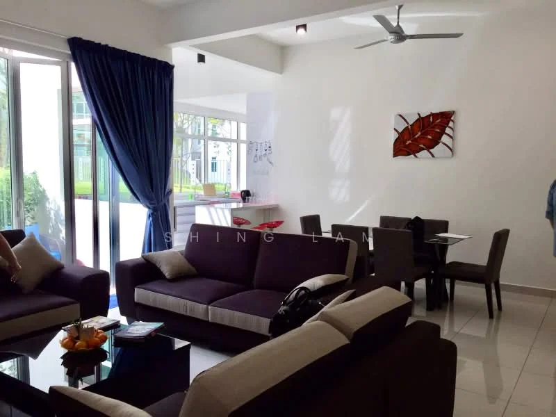 Living features: 3-seater fabric sofa in dark brown, 2-seater fabric sofa in light beige, coffee table with glass top, floor-to-ceiling windows, blue curtains, ceiling fan with light, decorative wall art, white painted walls, tile flooring, area rug with geometric pattern; style: modern; view: garden. Dining features: 4-seater dining table, upholstered dining chairs, white painted walls, tile flooring; style: modern; view: garden.