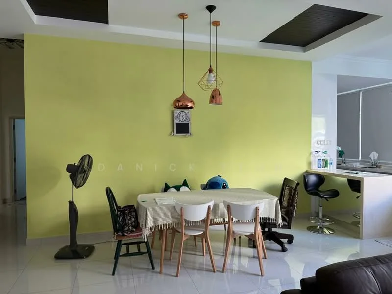 Dining features: yellow painted walls, white ceiling with recessed lighting, dining table with white tablecloth, 4 dining chairs in various colors, pendant lights with copper finish, wall clock, floor fan, polished tile flooring, open layout to kitchen, bar stools at kitchen counter; style: modern.