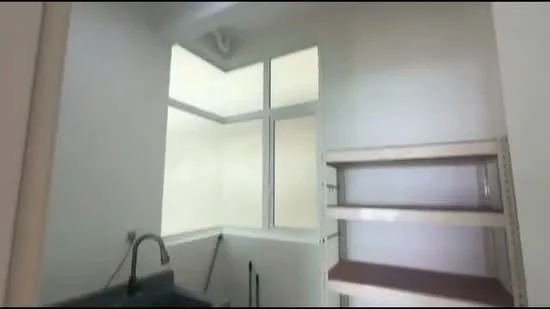 Laundry features: single-bowl stainless-steel sink, chrome pull-down faucet, white painted walls, vinyl plank flooring, built-in shelving, floor-to-ceiling windows.