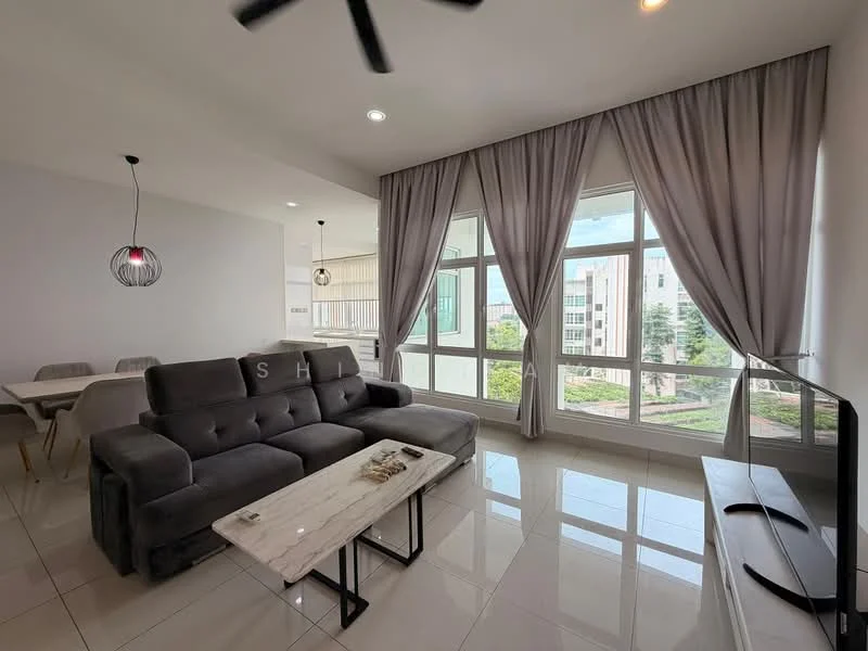Living features: 3-seater fabric sofa in grey, marble coffee table, wall-mounted TV, floor-to-ceiling windows, sheer curtains, recessed downlights, ceiling fan, light fixture with pendant lamp, glossy tile flooring, decorative items on coffee table; style: modern; view: garden.