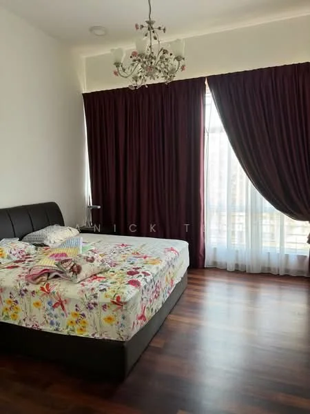 Bedroom features: king-size bed with floral bedding, upholstered headboard, wooden flooring, floor-to-ceiling windows, sheer curtains, dark red blackout curtains, chandelier with floral design, nightstand, decorative pillows; style: modern; view: city.