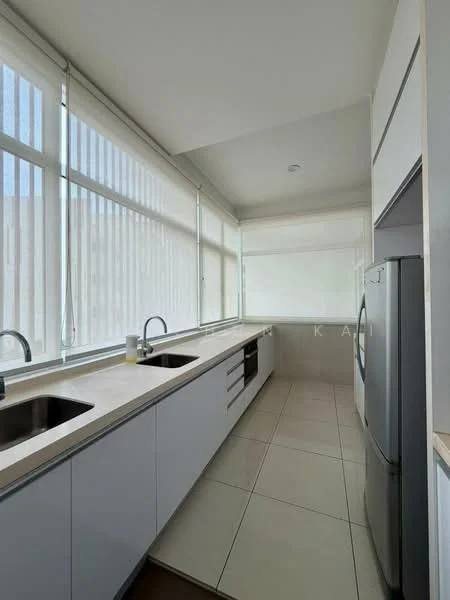 Kitchen features: white cabinetry, double-bowl stainless-steel sink, chrome pull-down faucet, light-colored countertop, ceramic tile flooring, large windows with sheer blinds, built-in refrigerator, open layout; style: modern.
