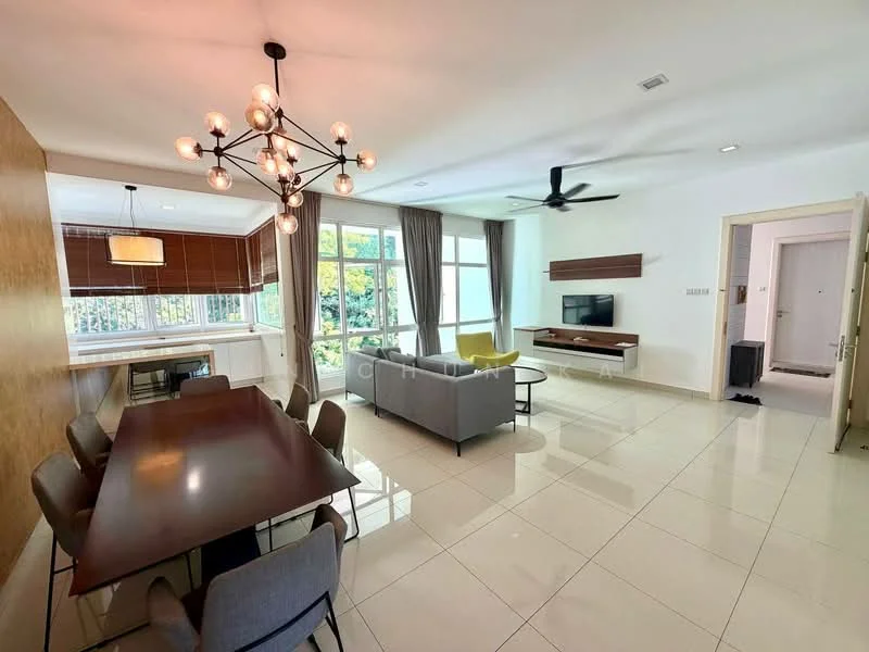 Living features: white painted walls, glossy tile flooring, 5-blade ceiling fan, chandelier with multiple bulbs, large windows with sheer curtains, wall-mounted TV, grey fabric sofa, dining table with 6 upholstered chairs, decorative wall paneling, natural light from windows; style: modern; view: garden.