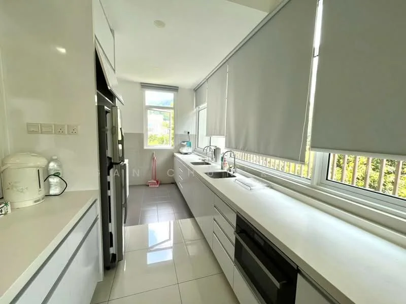 Kitchen features: white cabinetry, marble countertop, stainless-steel sink, chrome pull-down faucet, built-in oven, freestanding fridge, ceramic tile flooring, roller blinds on windows, window with garden view, open shelving, kitchen island, wall-mounted cabinets; style: modern; view: garden.