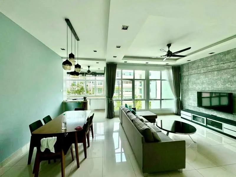 Living features: grey fabric sofa, coffee table, wall-mounted TV, TV console, dining table for 6, pendant lighting, 5-blade ceiling fan, floor-to-ceiling windows, white walls, light grey accent wall, marble tile flooring, curtains, decorative wall paneling; style: modern; view: city.
