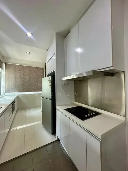 Kitchen features: white cabinetry, stainless-steel appliances, built-in oven, induction cooktop, white countertop, grey tile flooring, backsplash with textured pattern, single-bowl stainless-steel sink, window with natural light, recessed lighting; style: modern.