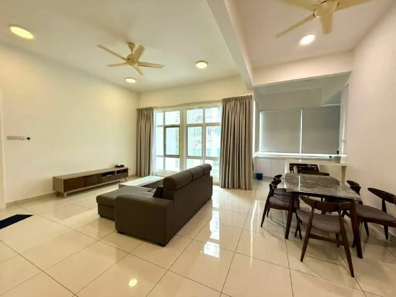 Living features: 2-seater fabric sofa in grey, coffee table, TV console, wall-mounted TV, floor-to-ceiling windows, sheer curtains, recessed downlights, 2 ceiling fans, white painted walls, glossy ceramic tile flooring, dining table with 4 chairs; style: modern; view: city.