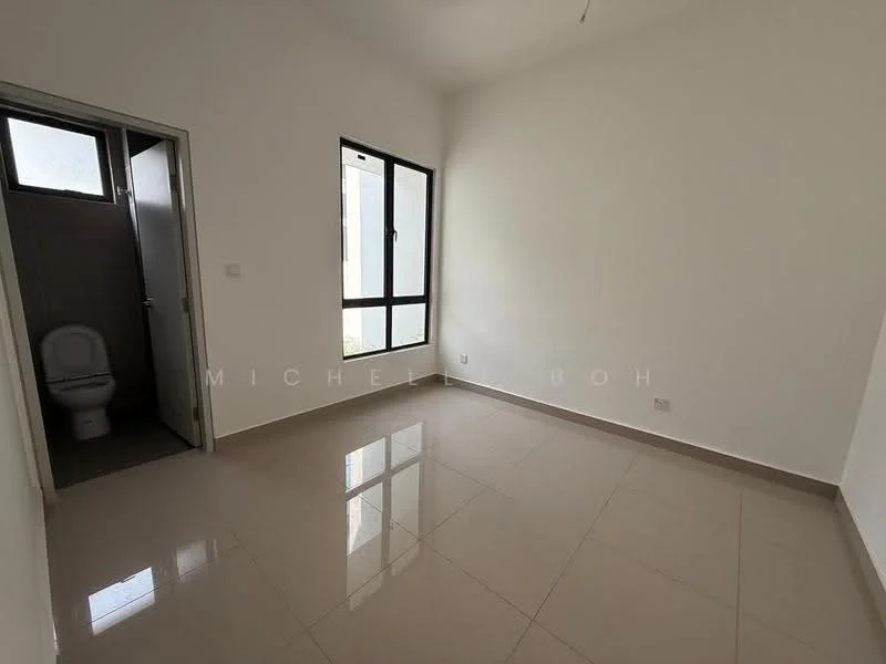 Room features: white painted walls, glossy ceramic tile flooring, floor-to-ceiling window, single-pane window, door leading to bathroom, light fixture on ceiling, neutral color scheme; style: modern.