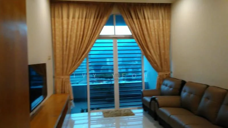 Living features: 3-seater leather sofa in brown, wooden TV console, wall-mounted TV, floor-to-ceiling sliding glass door, sheer curtains, decorative area rug, white painted walls, glossy tile flooring, recessed downlights; style: modern; view: city.