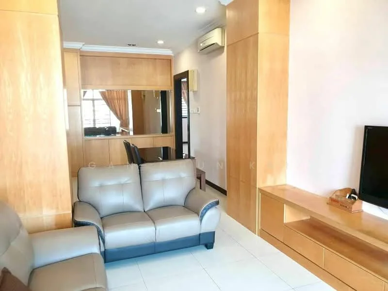 Living features: grey leather 3-seater sofa, flat-screen TV on wooden console, wooden TV cabinet, light-colored tiled flooring, wall-mounted air conditioning unit, wood paneling on walls, large mirror on wall, curtains on window, recessed ceiling lights; style: modern.