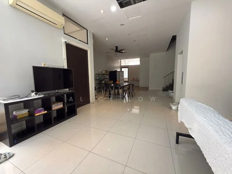 Living features: white painted walls, glossy ceramic tile flooring, 5-blade ceiling fan, wall-mounted TV, black TV console, open shelving, large windows for natural light, dining table with chairs, staircase in background, air conditioning unit; style: modern.