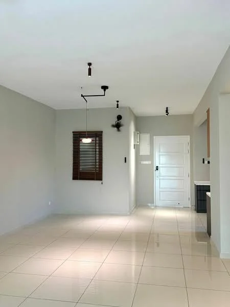 Room features: light grey painted walls, glossy white tile flooring, recessed downlights, pendant light fixture, window with wooden blinds, white door, black wall-mounted light, open space layout; style: modern.