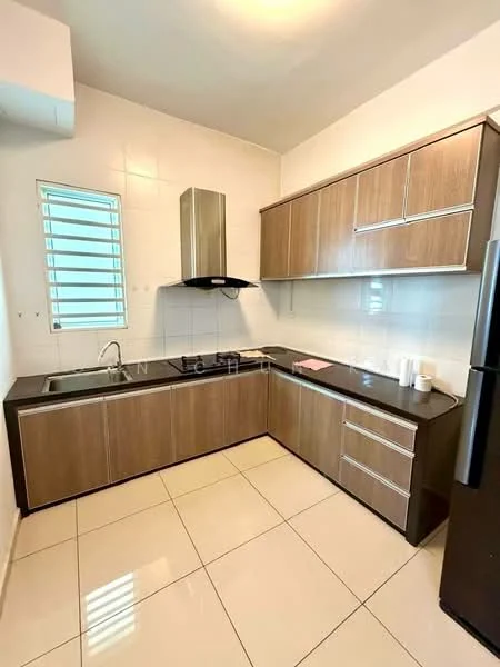 Kitchen features: L-shaped kitchen layout, brown wooden cabinetry, black countertop, single-bowl stainless-steel sink, chrome pull-down faucet, built-in stainless-steel hood, ceramic tile flooring, white tiled backsplash, window with horizontal bars, refrigerator; style: modern.