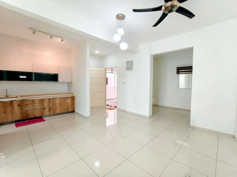 Living features: white painted walls, glossy ceramic tile flooring, 5-blade ceiling fan with light, recessed downlights, large window with blinds, open layout, kitchenette with wooden cabinetry, stainless-steel sink, countertop with backsplash, doorway leading to other rooms; style: modern.