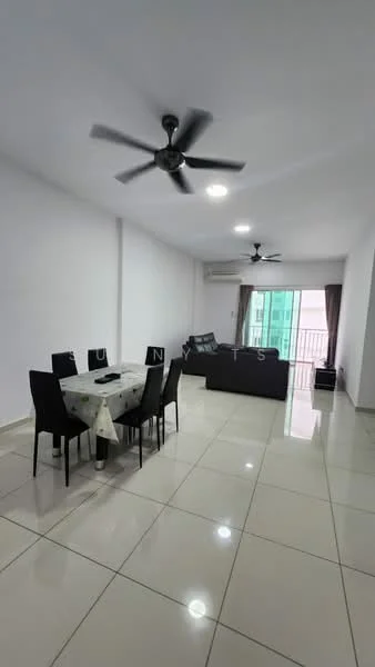 Living features: white painted walls, glossy ceramic tile flooring, 5-blade ceiling fan, recessed downlights, sofa in dark color, dining table with 6 black chairs, sliding glass door, curtains, air conditioning unit; style: modern; view: city.