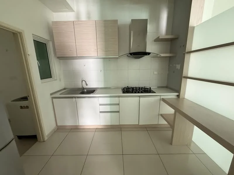 Kitchen features: white cabinetry with flat-panel doors, stainless-steel sink, chrome pull-down faucet, 4-burner gas hob, built-in range hood, white tiled backsplash, ceramic tile flooring, countertop with light wood finish, refrigerator, open shelving, window above sink; style: modern.