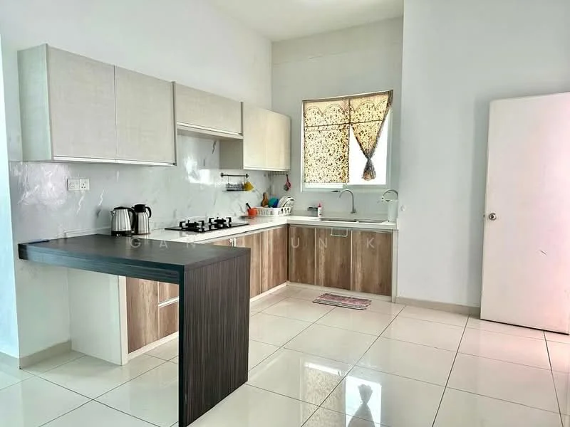 Kitchen features: white cabinetry with flat-panel design, dark wood kitchen island, stainless-steel sink, chrome pull-down faucet, 4-burner gas hob, built-in oven, white tiled backsplash, ceramic tile flooring, window with patterned curtain, kitchen utensils on wall-mounted rack, recessed downlights; style: modern.