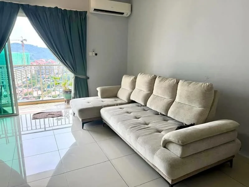 Living features: L-shape sectional sofa in beige, floor-to-ceiling windows, green curtains, white painted walls, glossy tile flooring, air conditioning unit, city view from window, potted plant on balcony; style: modern; view: city.