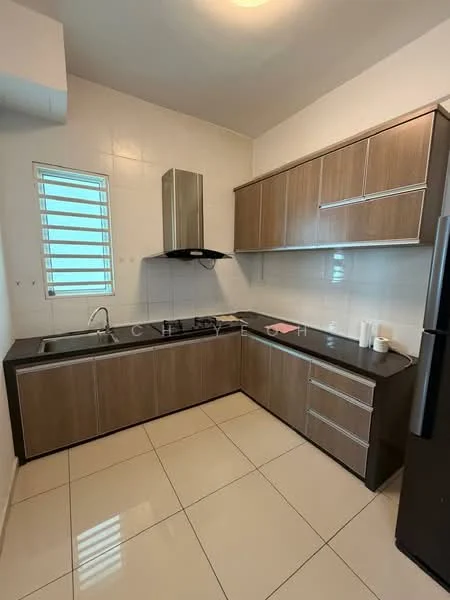 Kitchen features: L-shaped kitchen layout, brown wooden cabinetry, black countertop, stainless-steel range hood, single-bowl stainless-steel sink, chrome pull-down faucet, built-in oven, ceramic tile flooring, white tiled walls, window with horizontal slats, recessed ceiling lights; style: modern.