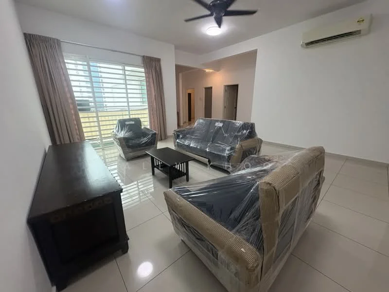 Living features: white painted walls, glossy ceramic tile flooring, 5-blade ceiling fan with light, floor-to-ceiling windows, sheer curtains, 2-seater fabric sofa in beige, 3-seater fabric sofa in grey, wooden coffee table, wooden TV console, air conditioning unit; style: modern; view: garden.