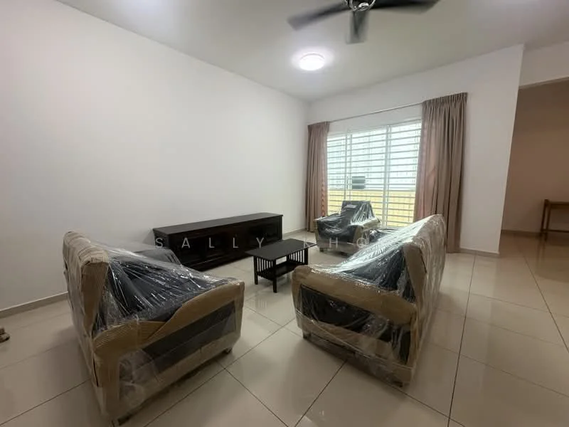 Living features: two 3-seater sofas with plastic wrap, coffee table, TV console, floor-to-ceiling windows, curtains, ceiling fan, white painted walls, glossy tile flooring, light fixture in ceiling; style: modern.