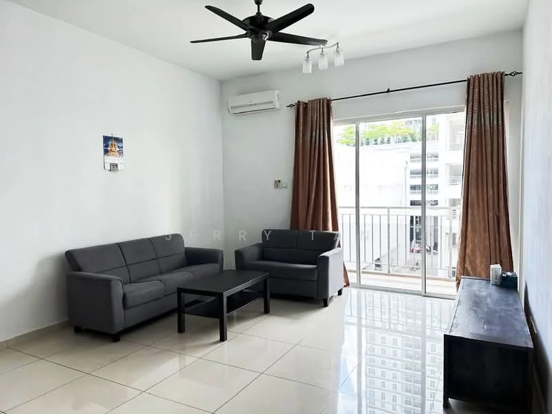 Living features: 2-seater fabric sofa in grey, 3-seater fabric sofa in grey, black coffee table, floor-to-ceiling sliding glass door, curtains in brown, wall-mounted air conditioning unit, white painted walls, glossy ceramic tile flooring, ceiling fan with light, decorative wall art, balcony view; style: modern; view: city.
