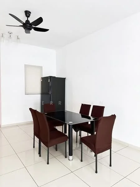 Dining features: black glass dining table, 4 upholstered dining chairs in burgundy, white painted walls, tile flooring, ceiling fan, recessed downlights, window with blinds, black fridge; style: modern.