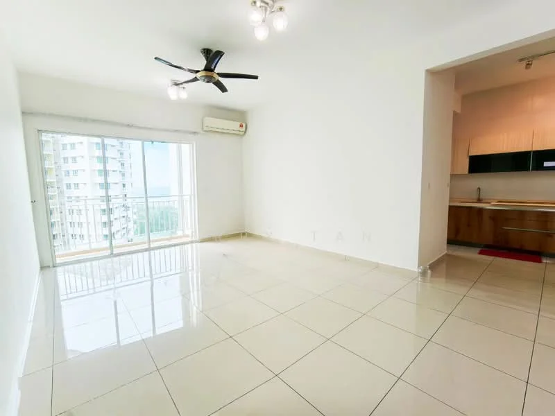 Living features: white painted walls, glossy ceramic tile flooring, 5-blade ceiling fan with light, floor-to-ceiling sliding glass door, air conditioning unit, natural light from large window, neutral color palette, open layout, no visible furniture; style: modern; view: city.