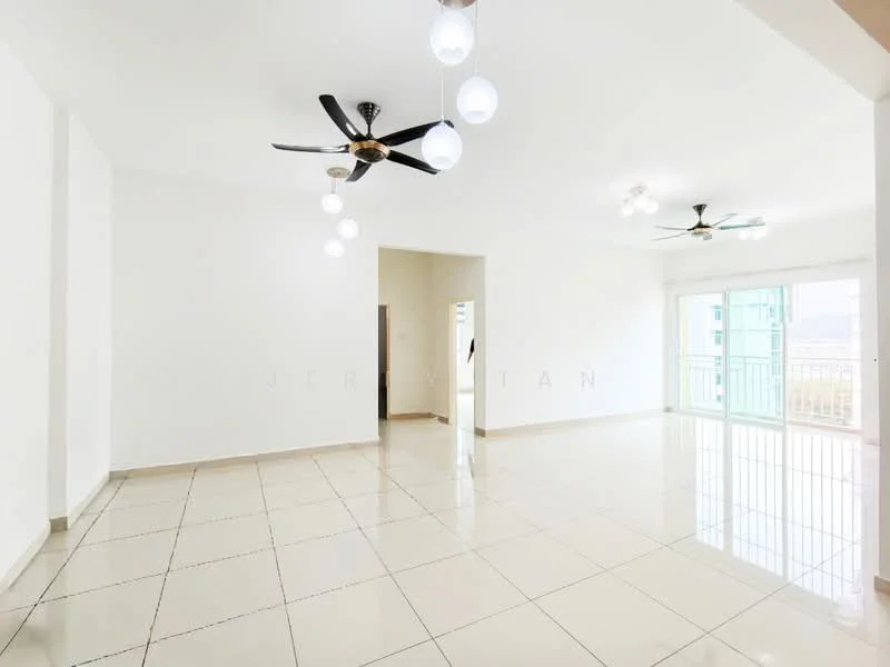 Living features: white painted walls, glossy tile flooring, 5-blade ceiling fan with light, 3-blade ceiling fan, floor-to-ceiling windows, sliding glass door, natural light from windows, open layout; style: modern; view: city.