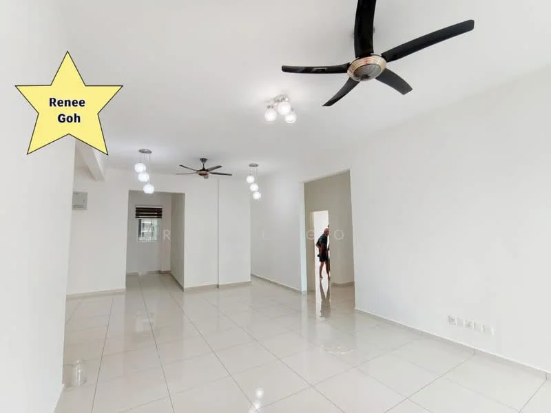 Living features: white painted walls, glossy ceramic tile flooring, 5-blade ceiling fan with light, 3-blade ceiling fan, recessed LED downlights, large windows, open layout, neutral decor; style: modern.