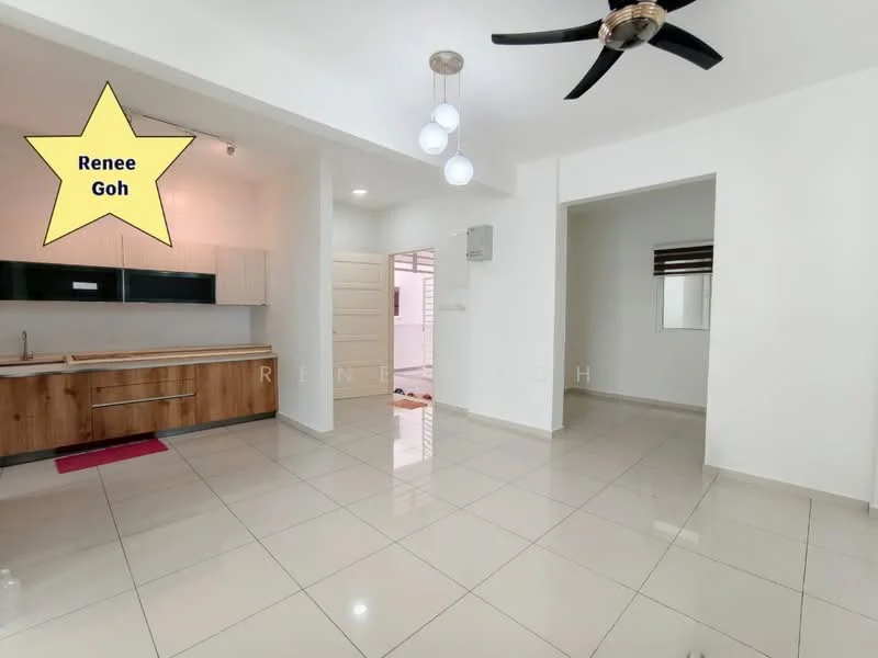 Living features: white painted walls, glossy ceramic tile flooring, 5-blade ceiling fan with light, recessed downlights, large window with blinds, open layout, kitchenette with wooden cabinetry, stainless-steel sink, countertop with wood finish, pendant lighting, neutral color palette; style: modern. Room features: white painted walls, glossy ceramic tile flooring, doorway leading to another room.