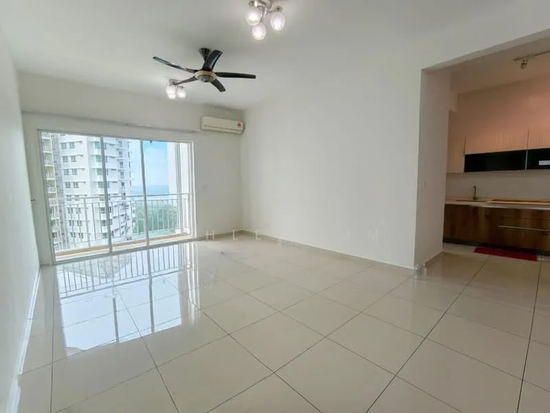 Living features: white painted walls, glossy ceramic tile flooring, 5-blade ceiling fan with light, floor-to-ceiling windows, sliding glass door, air conditioning unit, open layout to kitchen, natural light from windows; style: modern; view: city.