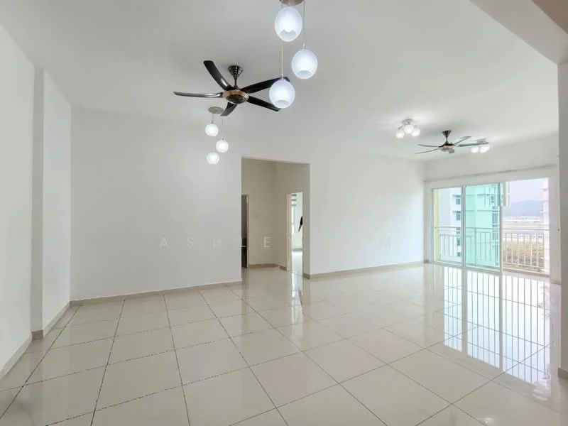 Living features: white painted walls, glossy tile flooring, 5-blade ceiling fan with light, 3-blade ceiling fan, floor-to-ceiling windows, sliding glass door, natural light, open layout; style: modern; view: city.