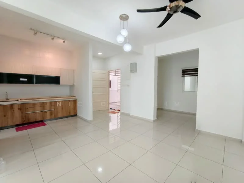 Living features: white painted walls, glossy ceramic tile flooring, 5-blade ceiling fan with light, recessed downlights, kitchenette with wooden cabinetry, stainless-steel sink, countertop with backsplash, open layout, large window with blinds, neutral color scheme; style: modern.