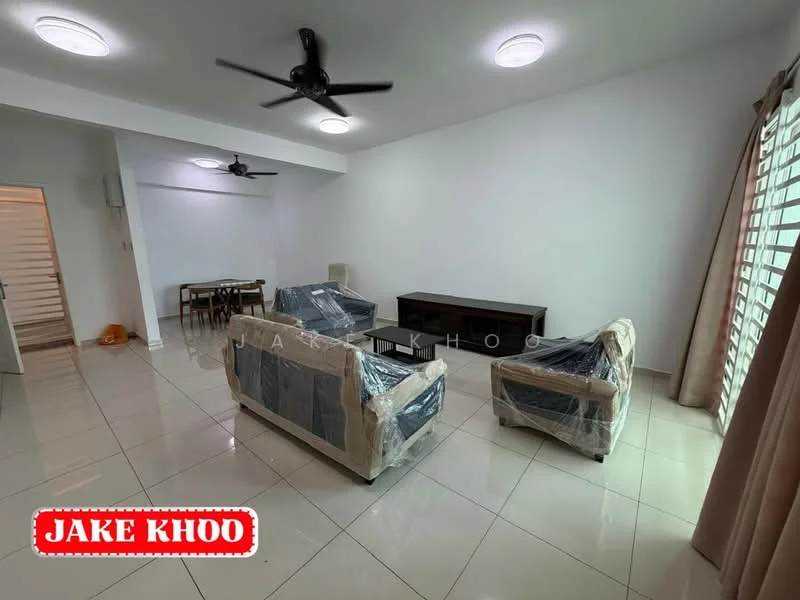 Living features: 2-seater fabric sofa in beige with plastic wrapping, 3-seater fabric sofa in beige with plastic wrapping, wooden coffee table, TV console, ceiling fan, recessed downlights, white painted walls, glossy tile flooring, curtains, sliding windows; style: modern.
