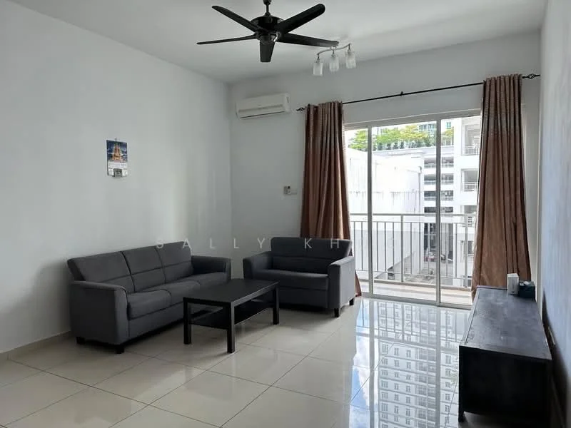 Living features: grey fabric 3-seater sofa, grey fabric 2-seater sofa, black coffee table, wall-mounted TV console, floor-to-ceiling sliding glass door, curtains in beige, white painted walls, ceramic tile flooring, 1 wall-mounted split AC, ceiling fan with light, decorative wall art; style: modern; view: city.