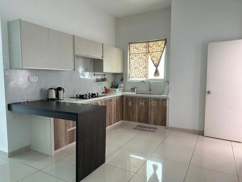 Kitchen features: white cabinetry with flat-panel doors, dark wood kitchen island, stainless-steel sink, chrome pull-down faucet, 4-burner gas hob, built-in oven, white marble backsplash, ceramic tile flooring, window with sheer curtains, kettle, dishwasher, recessed downlights; style: modern.