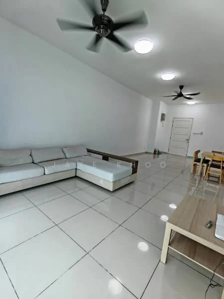 Living features: light grey fabric sectional sofa, white walls, white ceiling, 2 ceiling fans, large white floor tiles, wooden coffee table, dining table with chairs, door leading to hallway, recessed ceiling lights; style: modern.