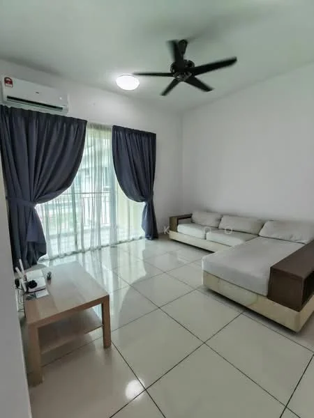 Living features: white painted walls, glossy tile flooring, 5-blade ceiling fan with light, floor-to-ceiling windows, sheer curtains, sofa with chaise lounge, coffee table, air conditioning unit; style: modern.