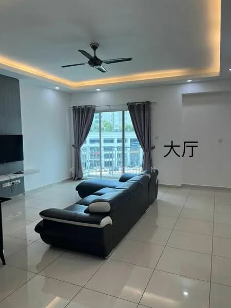 Living features: grey leather sectional sofa, white wall with crown moulding, recessed LED downlights, ceiling fan, floor-to-ceiling windows, sheer curtains, white tiled flooring, TV console, wall-mounted TV; style: modern; view: city.
