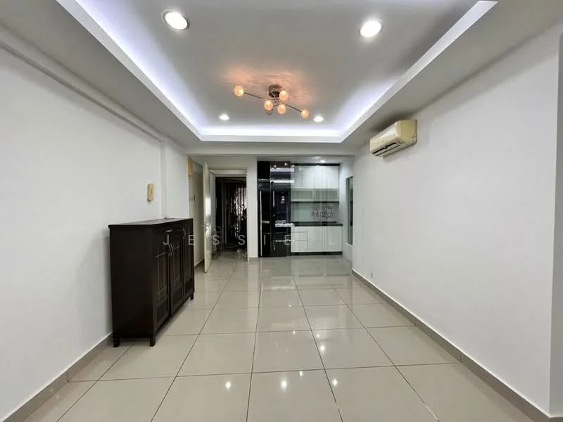 Living features: white painted walls, tray ceiling with recessed lighting, 5-blade ceiling fan with light, glossy ceramic tile flooring, air conditioning unit, dark wooden sideboard, open layout to kitchen, large glass sliding door, natural light from windows; style: modern.
