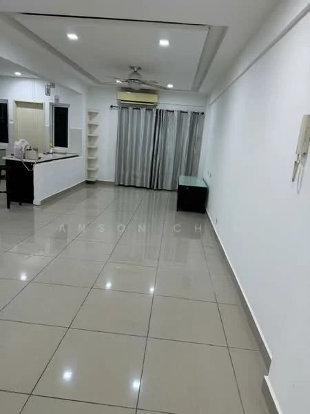 Living features: white painted walls, glossy ceramic tile flooring, recessed downlights, 5-blade ceiling fan, large windows with sheer curtains, open shelving, dining table, air conditioning unit; style: modern.