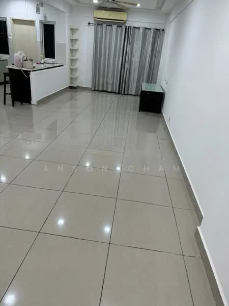 Living features: glossy ceramic tile flooring, white painted walls, recessed downlights, floor-to-ceiling windows, grey sheer curtains, open shelving unit, black console table, kitchenette area with bar stools, air conditioning unit; style: modern.