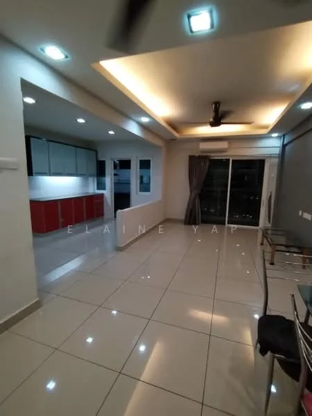 Living features: glossy ceramic tile flooring, white painted walls, tray ceiling with recessed lighting, 5-blade ceiling fan with light, floor-to-ceiling sliding glass door, curtains, dining table with chairs, kitchenette with red cabinetry, white upper cabinets, countertop, open layout; style: modern; view: city.