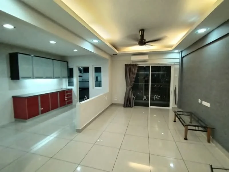 Living features: white painted walls, grey accent wall, polished tile flooring, recessed downlights, 5-blade ceiling fan with light, sliding glass door, floor-to-ceiling windows, curtains, TV console, open shelving, kitchen cabinetry with red finish, kitchen countertop, dining area, air conditioning unit; style: modern; view: city.