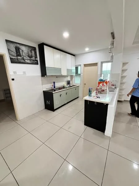 Kitchen features: white upper cabinets, grey lower cabinets, marble countertop, stainless-steel sink, chrome pull-down faucet, built-in oven, freestanding range oven, ceramic tile flooring, recessed downlights, wall-mounted cabinets, open shelving, window above sink, kitchen island, neutral wall colour, framed artwork on wall; style: modern.