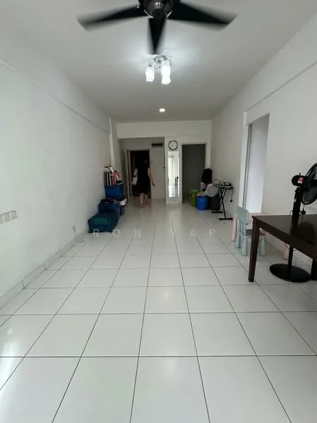 Room features: white painted walls, white tiled flooring, ceiling fan, recessed ceiling lights, doorway leading to other rooms, clock on the wall, multiple storage boxes, small table, plastic chairs; style: modern.