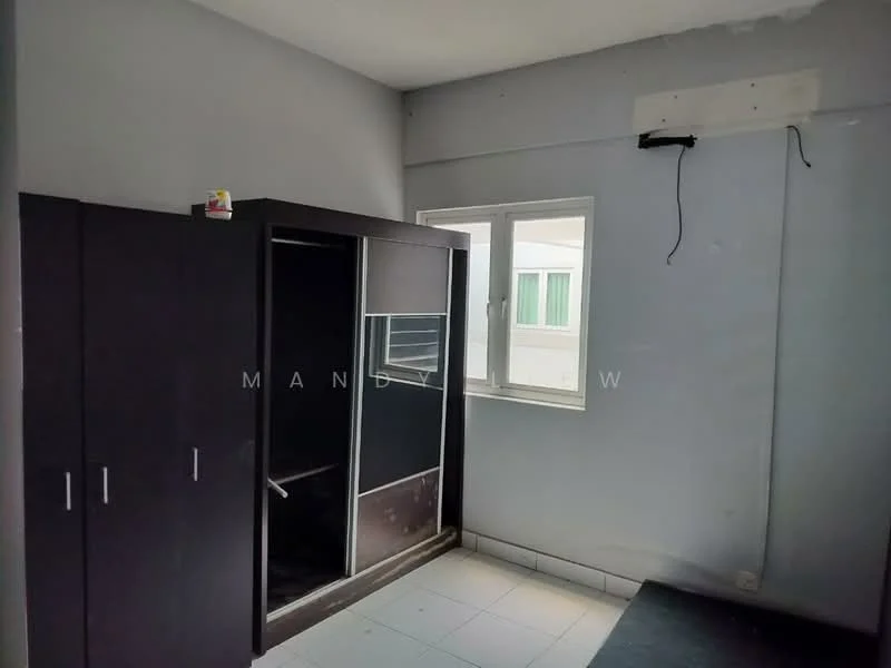 Room features: grey painted walls, white tiled flooring, window with green view, built-in wardrobe with sliding doors, ceiling with visible wiring, corner space, light source from window.