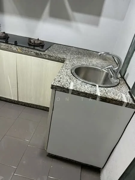 Kitchen features: granite countertop, single-bowl stainless-steel sink, chrome pull-down faucet, 2-burner gas hob, white cabinetry, grey tiled flooring, wall-mounted cabinet, open shelving; style: modern.